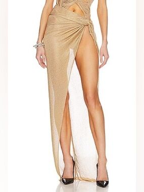 LaQuan Smith Revolve Gold Knotted Metallic Mesh Maxi Skirt Runway